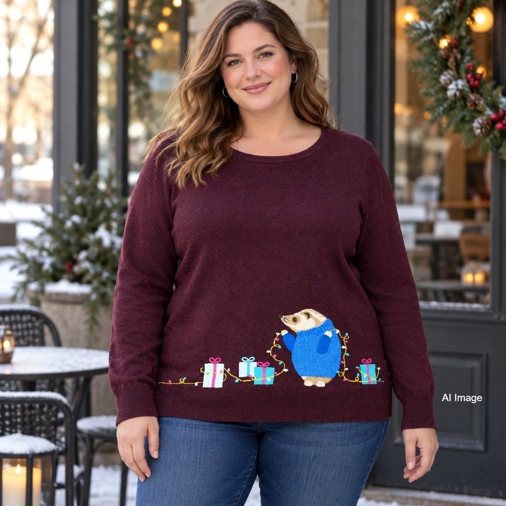 Lands End Christmas Sweater Womens Large 14-16 Burgundy Festive Wool Blend